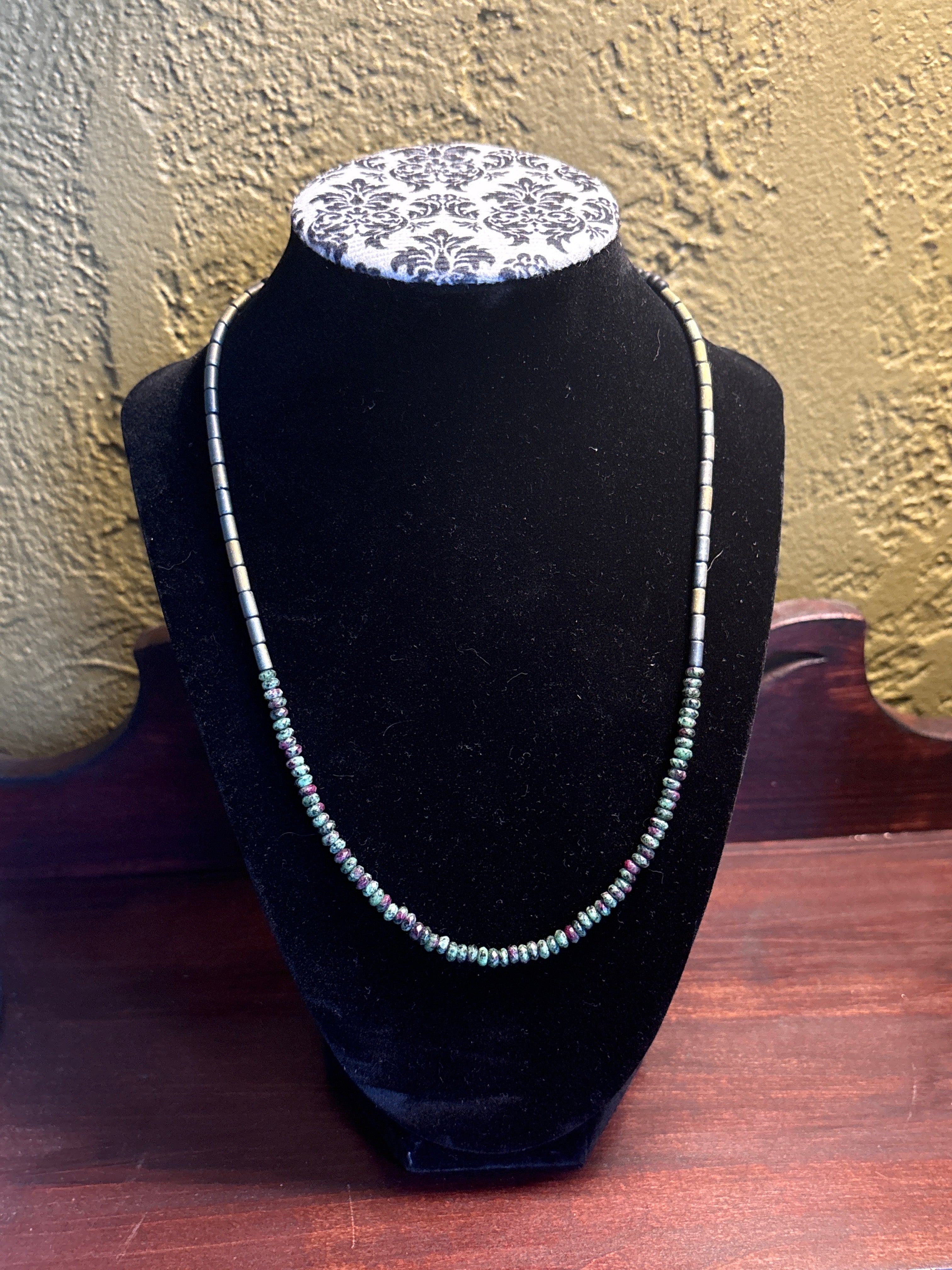 Hand beaded bloodstone and glass bead necklace