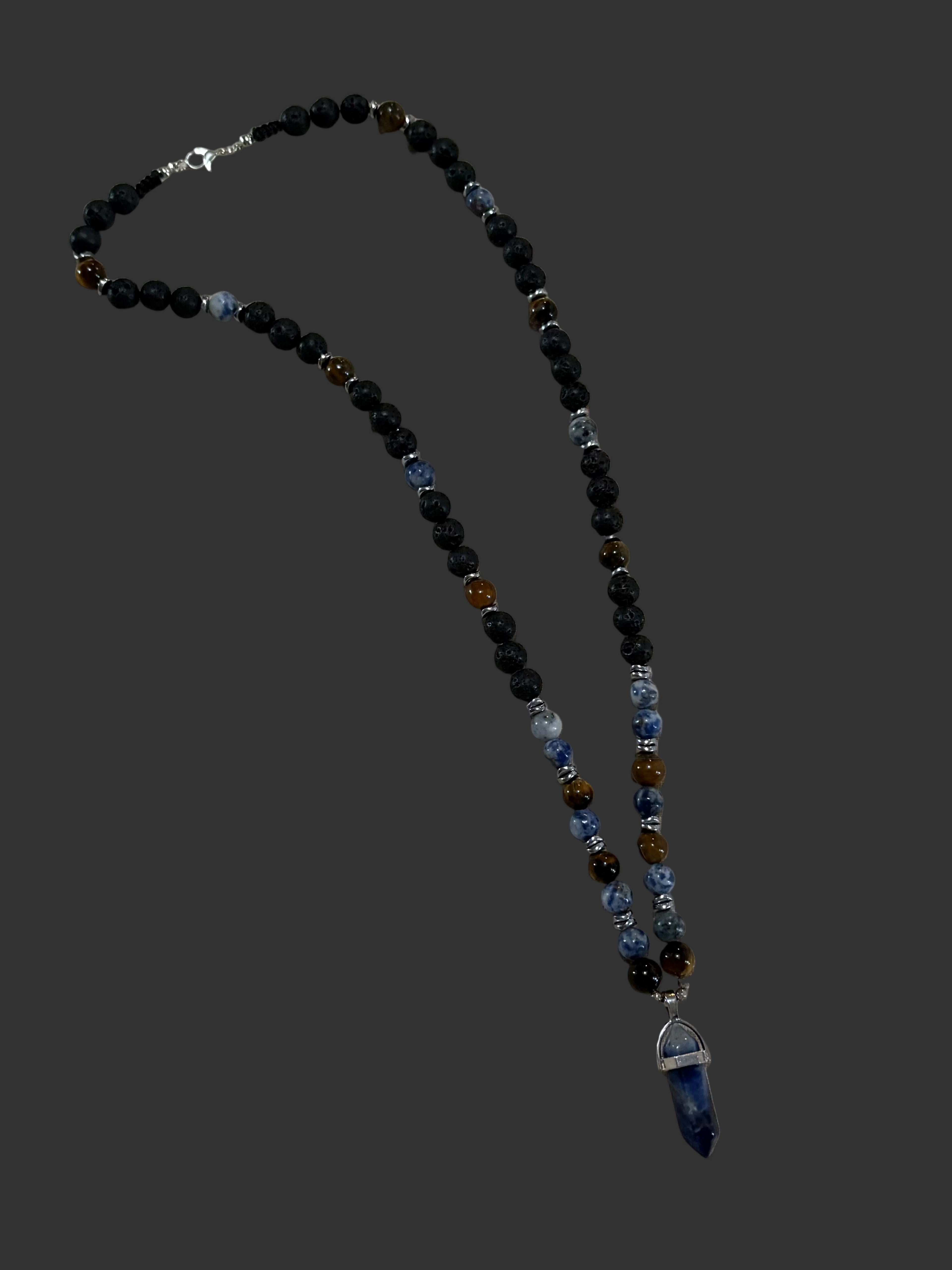 Lapis Lazuli, tigers eye and lava beaded necklace